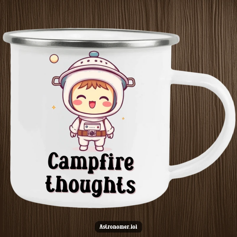 Funny Kawaii astronomer camping mug featuring a giggling character wearing a colander as a helmet, perfect for humorous outdoor adventures.