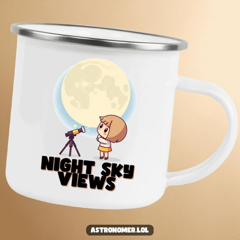 Funny Kawaii astronomer camping mug featuring a curious character peering at a giant, surprised moon, perfect for humorous outdoor adventures.
