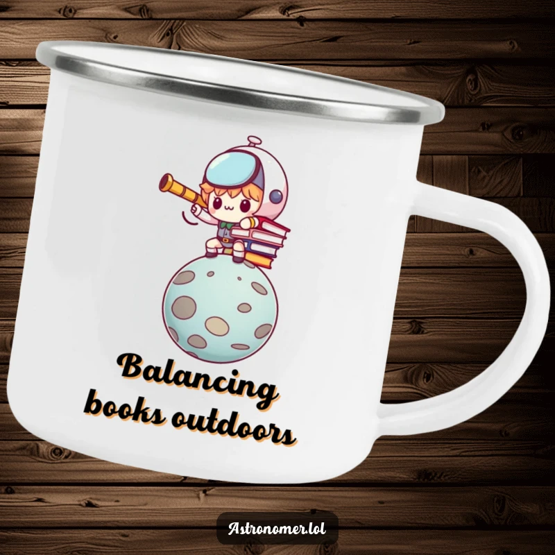 Funny Kawaii astronomer character humorously balancing books on a planet on this camping mug.