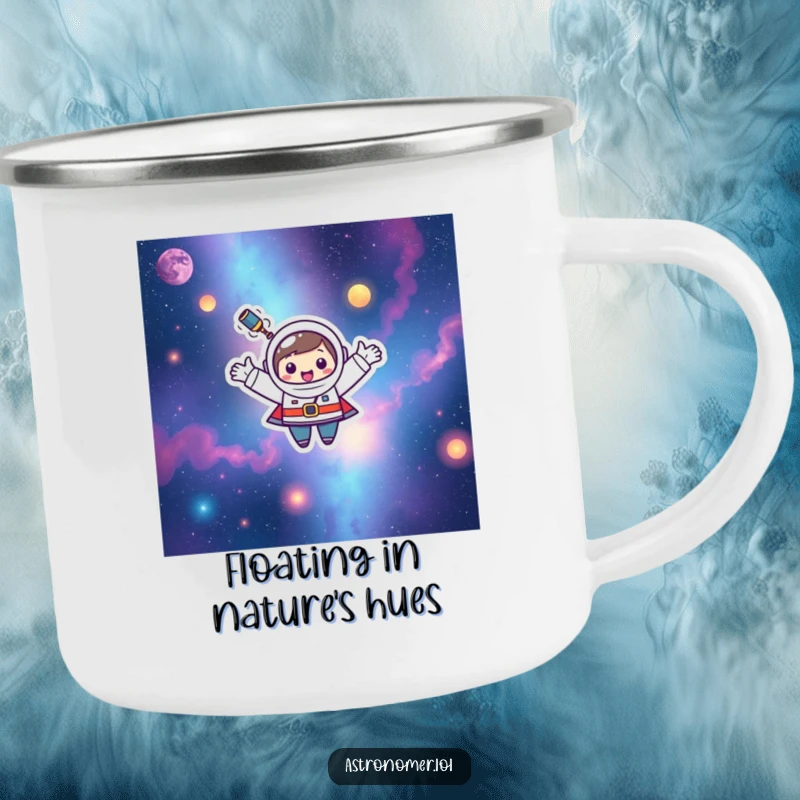Funny Kawaii astronomer character humorously floating among colorful nebulae on this camping mug.