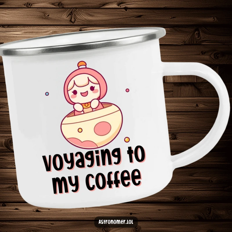 Funny Camping Mug: A cute kawaii character joyfully floats on a planet, using it as a boat on a grand cosmic journey.