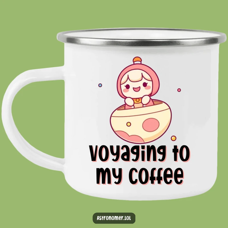 Funny Kawaii Camping Mug, Joyful Space Sailor Floating on a Planet Boat, Great Funny Gift!