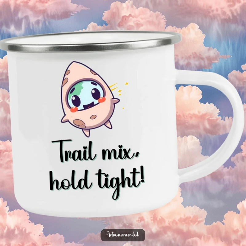 Funny surprised meteorite with a mischievous grin, zooming past planet Earth, durable enamel camping mug.