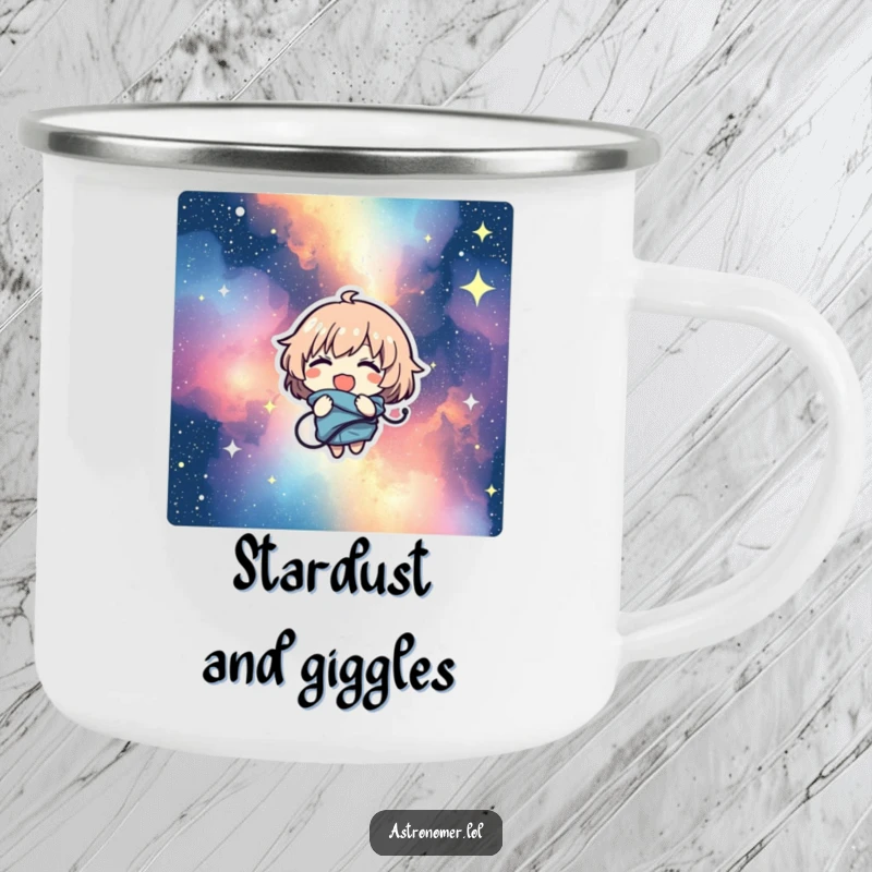 Funny camping mug of a character comically tangled in a starry nebula, giggling with campfire cheer and outdoor spirit.
