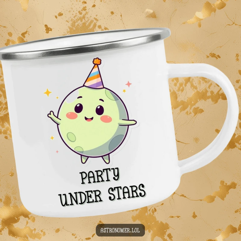 Funny happy planet wearing a party hat, spinning joyfully, durable enamel camping mug for adventurers.