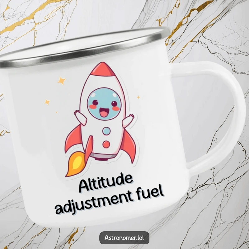 Funny camping mug of a character joyfully pretending to be a rocket ship blasting off, bringing energetic cheer to outdoor trips.