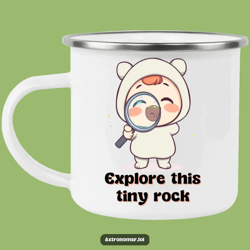 Funny Science Camping Mug: Delighted Character Views Tiny Planet, Outdoor Funny Gift