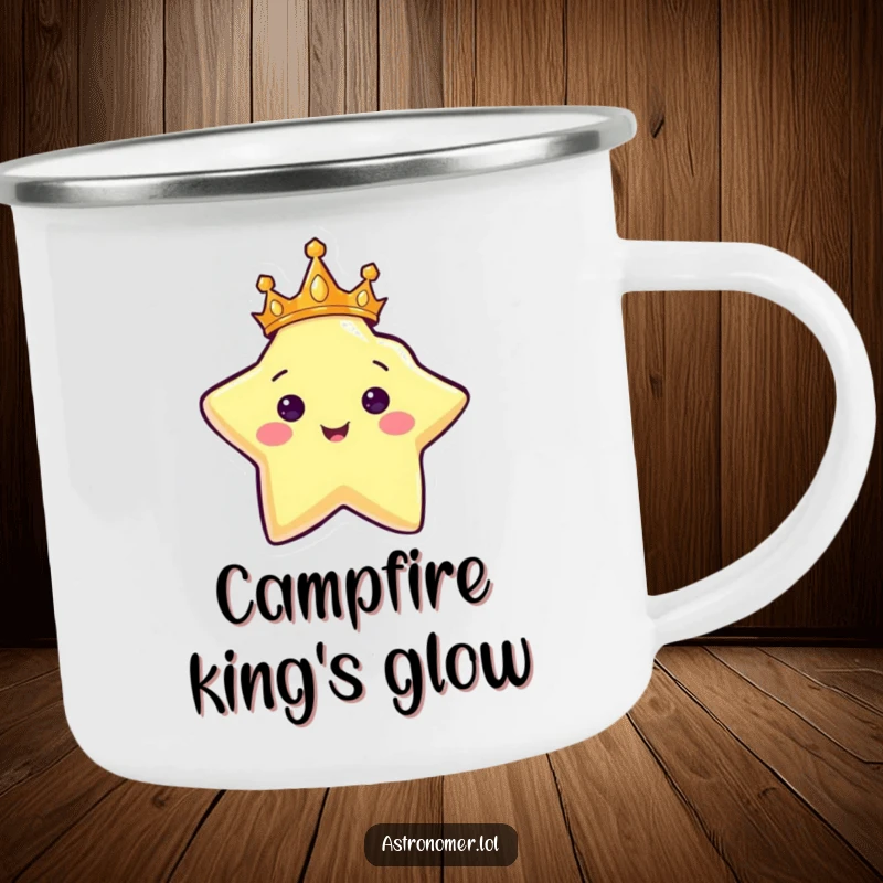 Funny camping mug showing a crowned star character shining brightly, ready for royal adventures and campfire stories.