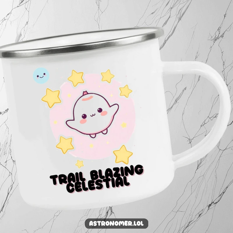 Funny Camping Mug: A cute character floats peacefully in space, surrounded by cheerful cartoon stars, ready for adventure.