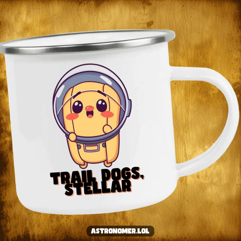 Funny surprised hot dog wearing a tiny astronaut helmet, sturdy and amusing space camping mug, outdoor gag gift.