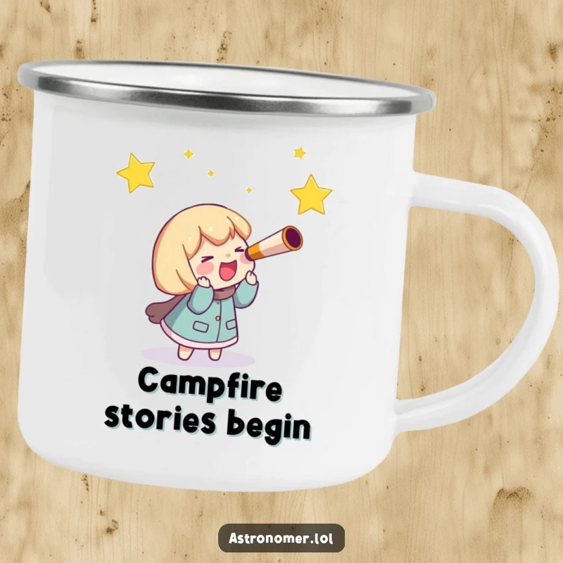 Funny Camping Mug: A character with a telescope giggles while joyfully pursuing a streaking shooting star in the night sky.