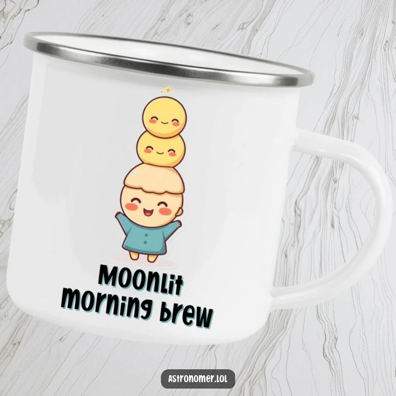 Funny Camping Mug: A happy character balances a tall stack of moons on their head with a cheerful, steady demeanor.