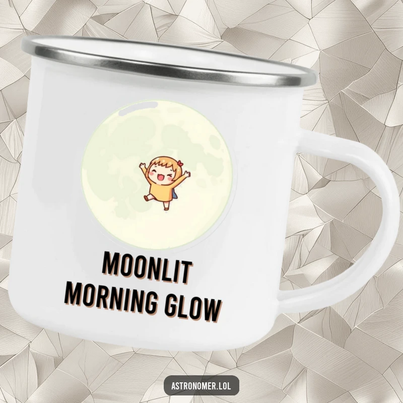 Funny camping mug with an excited character orbiting a giant moon, ideal for outdoor cosmic enjoyment.