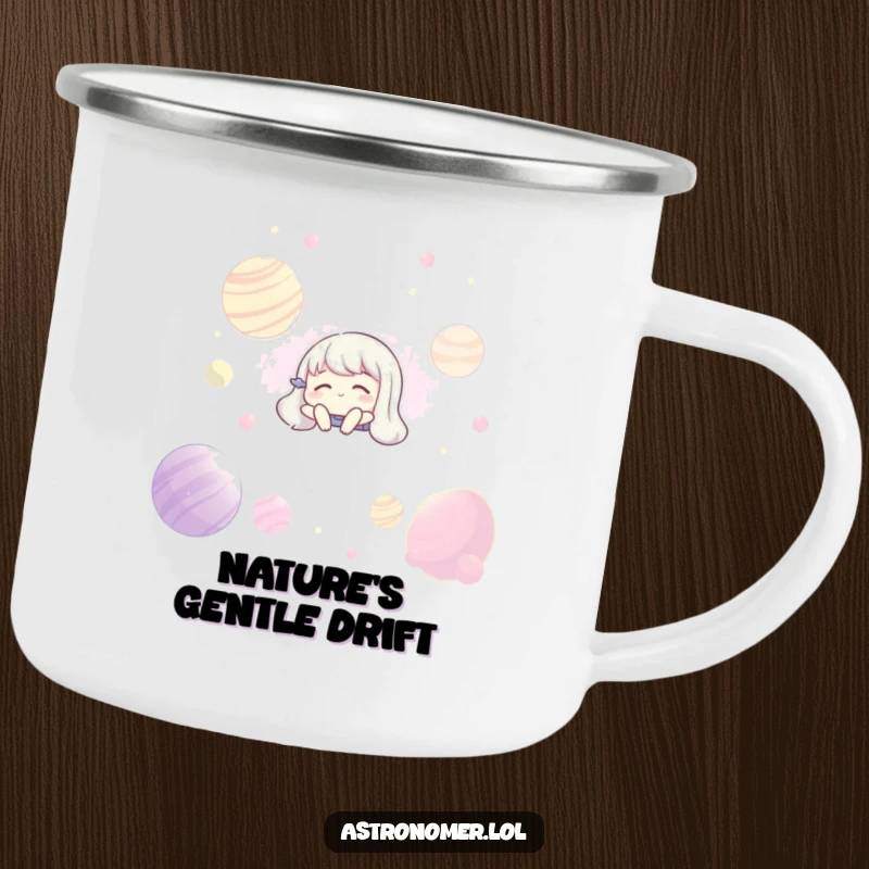 Funny camping mug with a character floating serenely among glowing planets, ideal for peaceful outdoor moments.