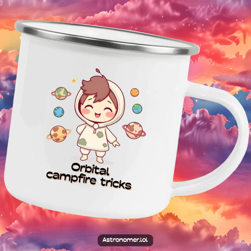 Funny Camping Mug: Cute character smiles while juggling miniature planets, bringing cosmic playfulness and skill to outdoor adventures.