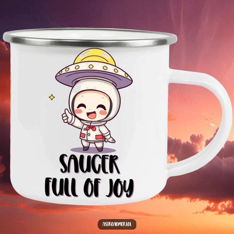 Funny Camping Mug of a character grinning and pointing excitedly at a flying saucer in the night sky.