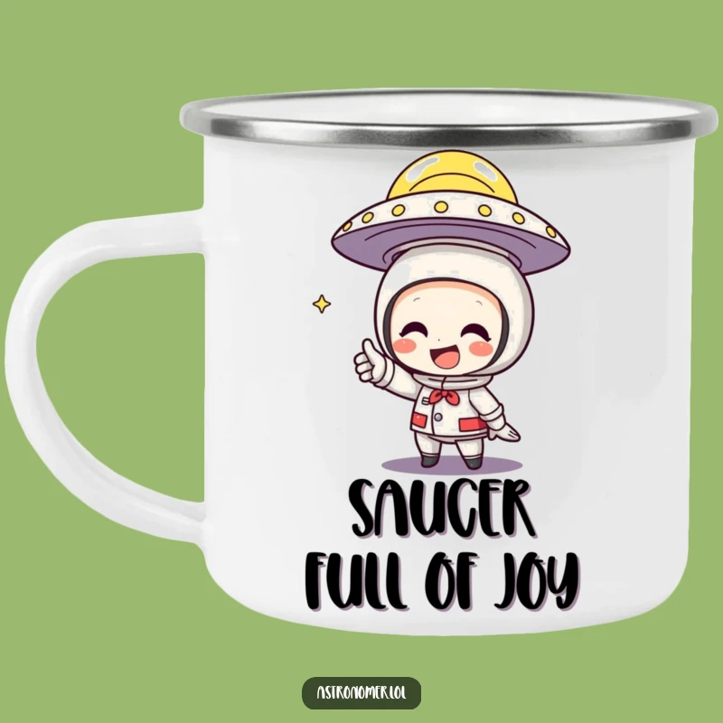 Funny UFO Camping Mug: Character Grins Pointing at Flying Saucer, Adventure Gift