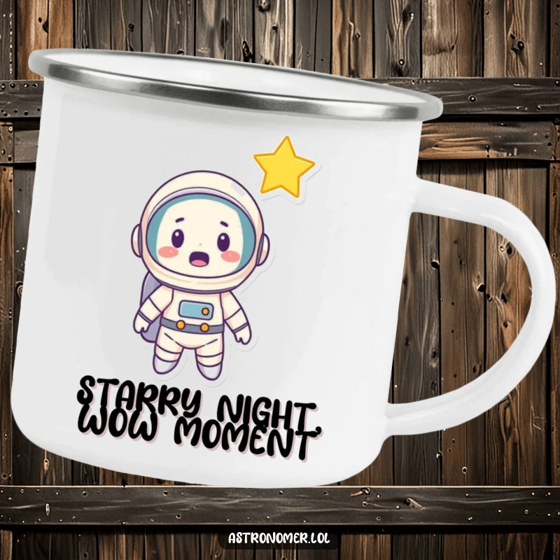 Funny Astronaut Camping Mug: A cartoon astronaut with a surprised face looking at a shooting star, perfect for enjoying beverages outdoors.