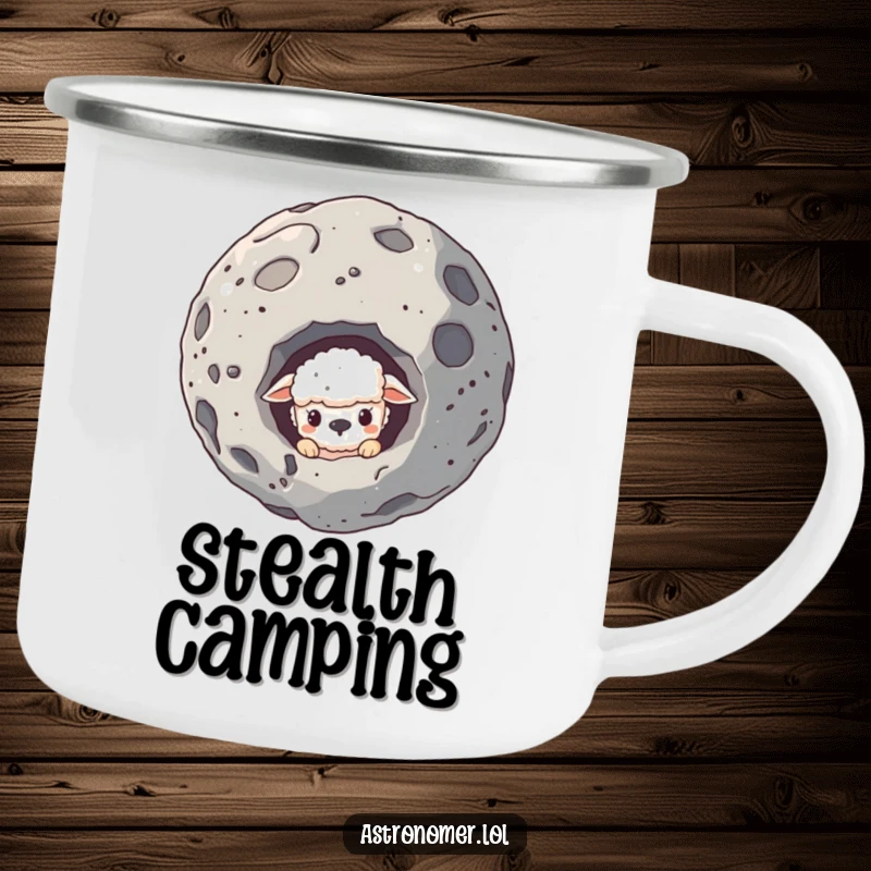 Funny camping mug showing a sheepish creature peeking from behind a large asteroid, ideal for outdoor enthusiasts.