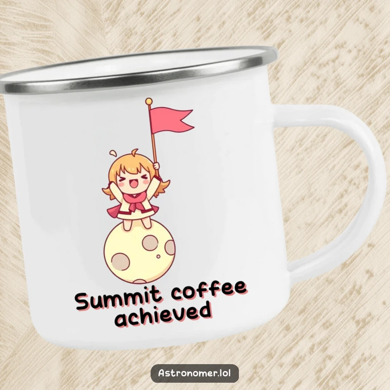 Funny camping mug of a character enthusiastically planting a flag on a tiny moon, celebrating conquest with campfire cheer.