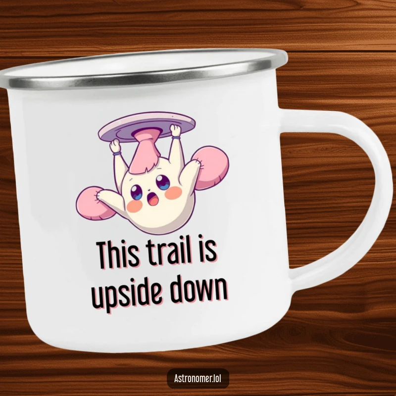 Funny camping mug showing a surprised creature floating upside down and dazed in zero gravity, great for outdoor drinks with a humorous twist.