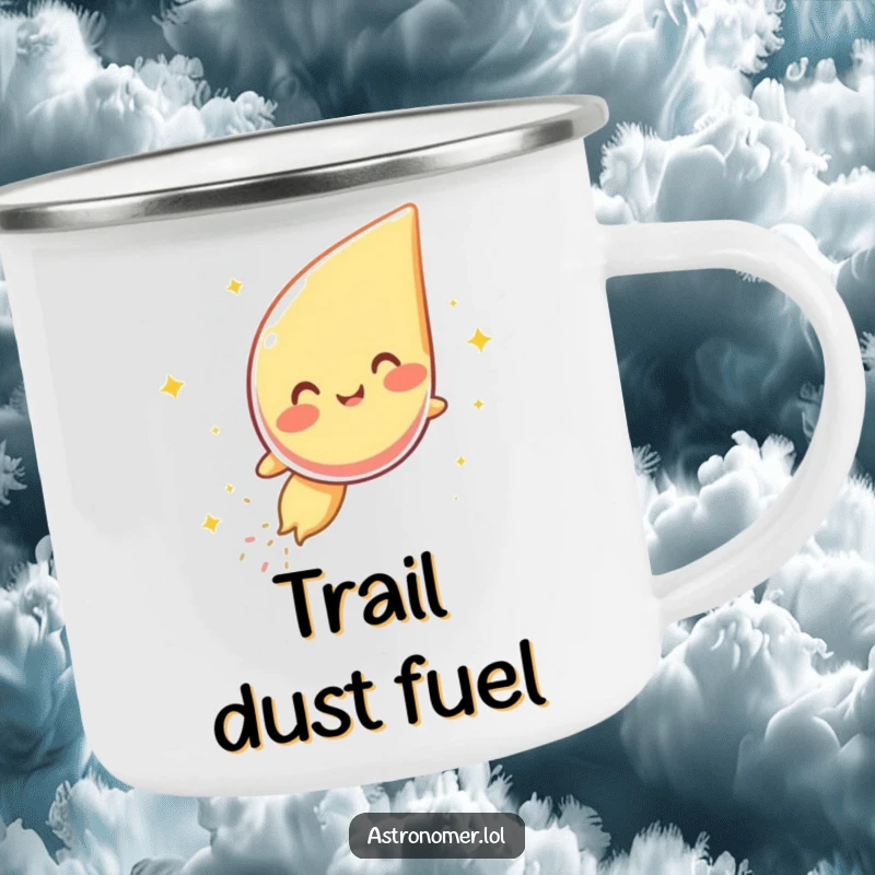 Funny camping mug showcasing a giggling comet leaving a trail of sparkle dust on an outdoor adventure, built for laughs.