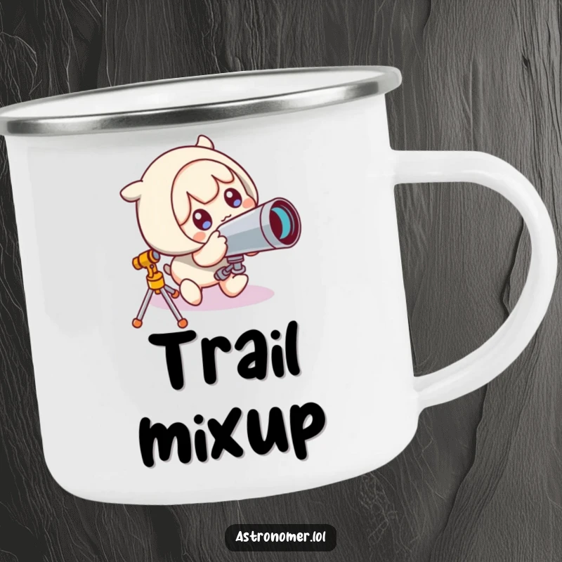 Funny Camping Mug: Cute character comically trips over a telescope during a camping trip, adding a humorous touch to outdoor adventures.
