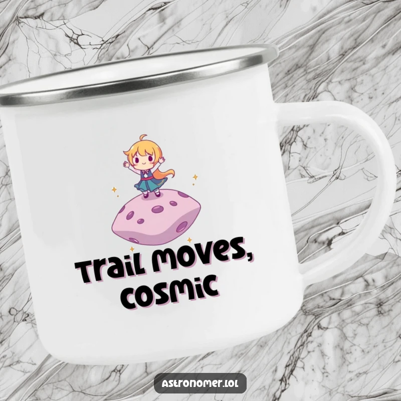 Funny camping mug depicting a character dancing on a floating asteroid, perfect for enjoying drinks outdoors with a cheerful vibe.