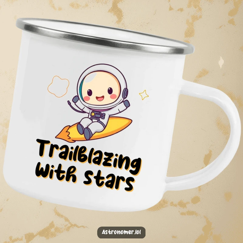 Funny Camping Mug: A joyful astronaut rides a comet, perfect for enjoying beverages on outdoor adventures.