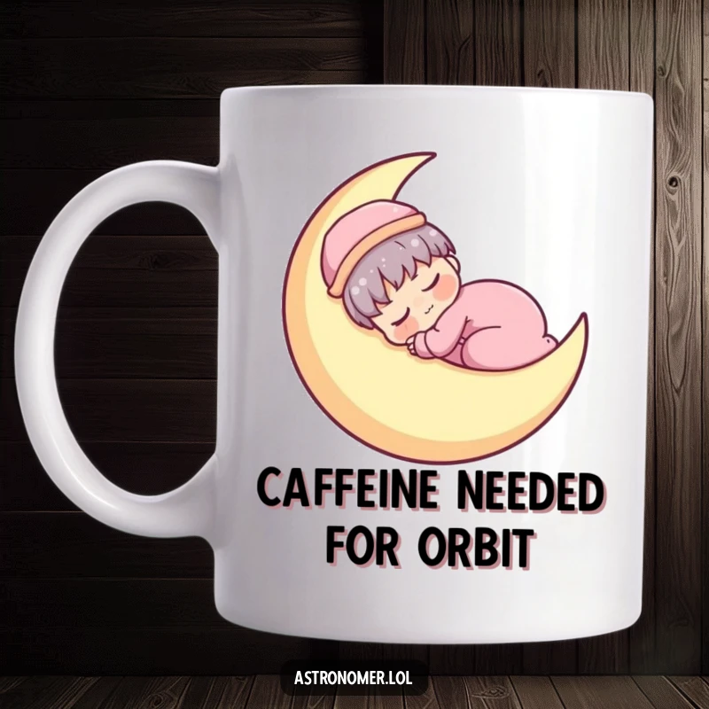 Funny Kawaii astronomer character peacefully napping on a glowing crescent moon, embodying cozy sleep on this mug.