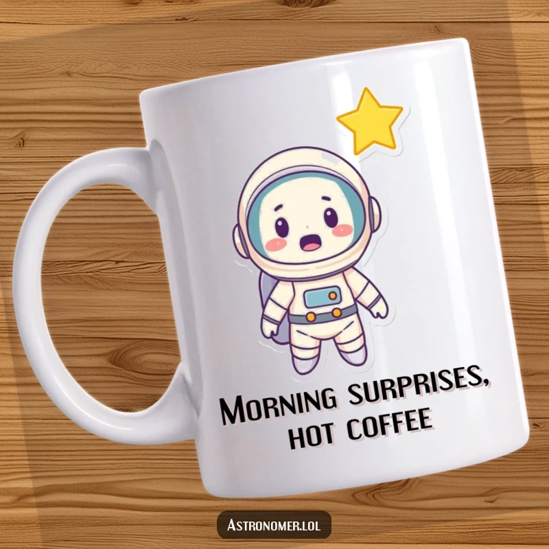 Funny Astronaut Mug: A cartoon astronaut with a wide-eyed, surprised expression looking up at a bright shooting star.
