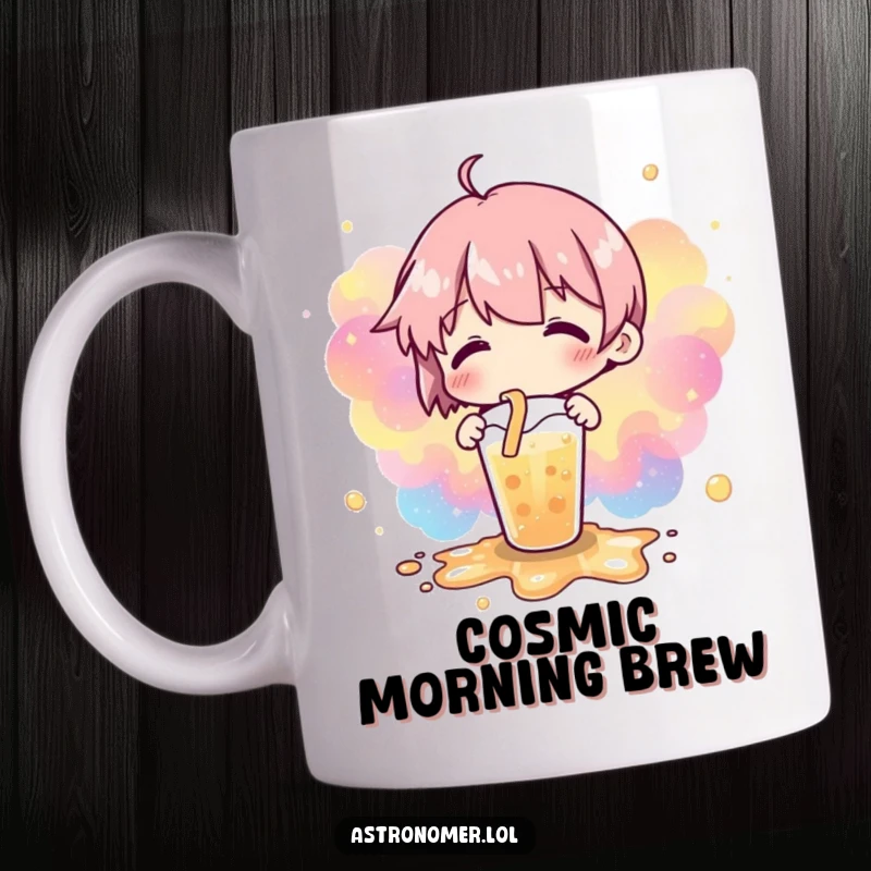 Funny mug featuring a spilled drink artfully forming a vibrant nebulae pattern, showcasing a galactic-themed accident.