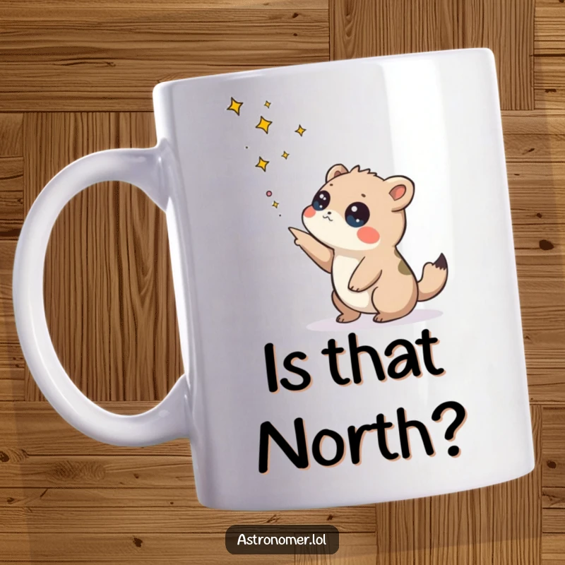 Funny mug featuring a curious creature pointing at a distant constellation with a puzzled expression, sparking wonder.