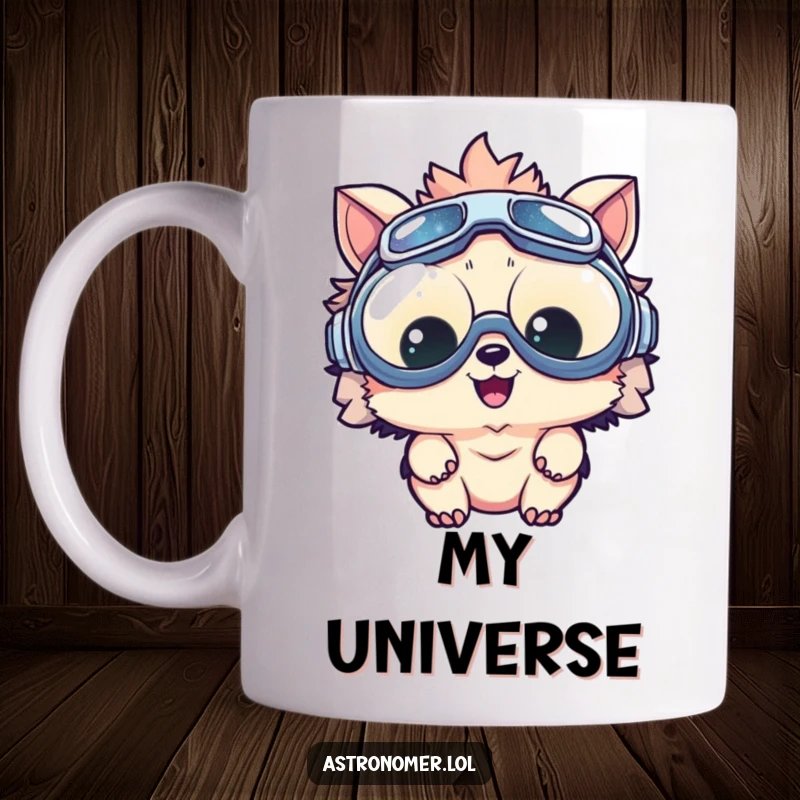 Funny mug of a delighted creature with huge goggles staring intently at a miniature galaxy, conveying pure wonder.
