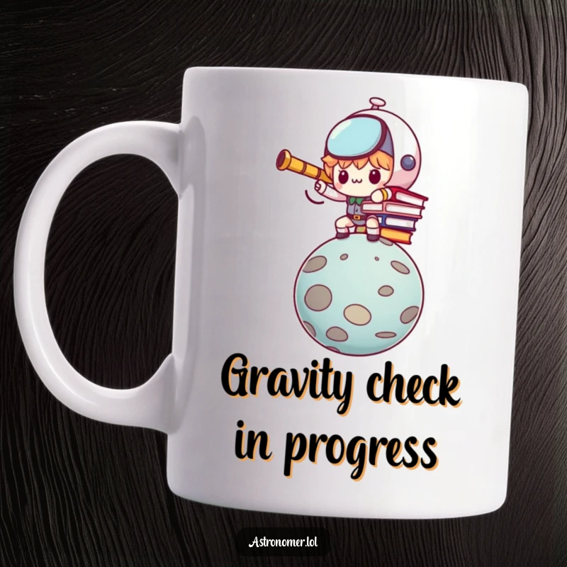 Funny Kawaii astronomer character intensely balancing books on a planet, showing determination on this mug.