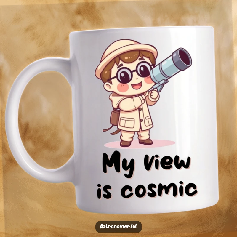 Funny Kawaii astronomer mug featuring a smiling character holding an oversized, wobbly telescope, ready for humorous cosmic exploration.