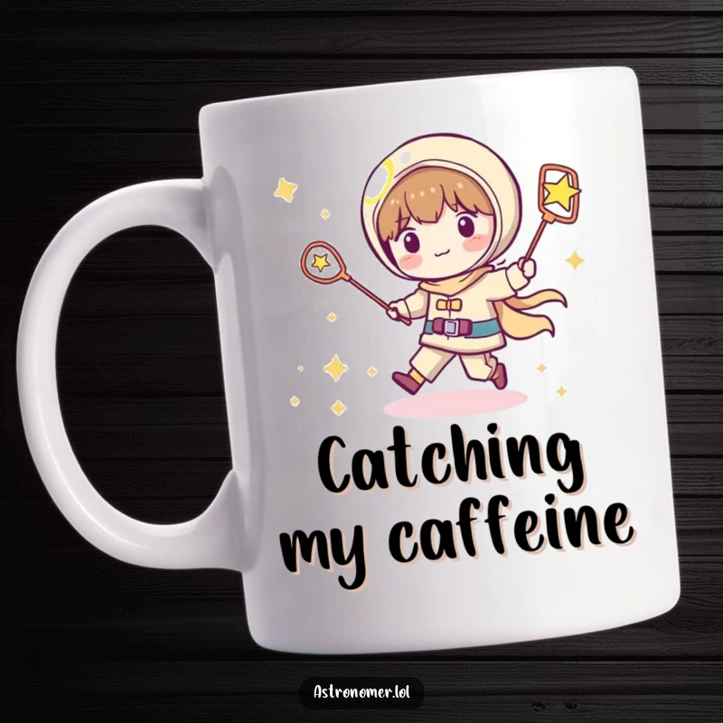 Funny Kawaii astronomer mug showing a playful character attempting to catch a shooting star with a net, perfect for a humorous moment.