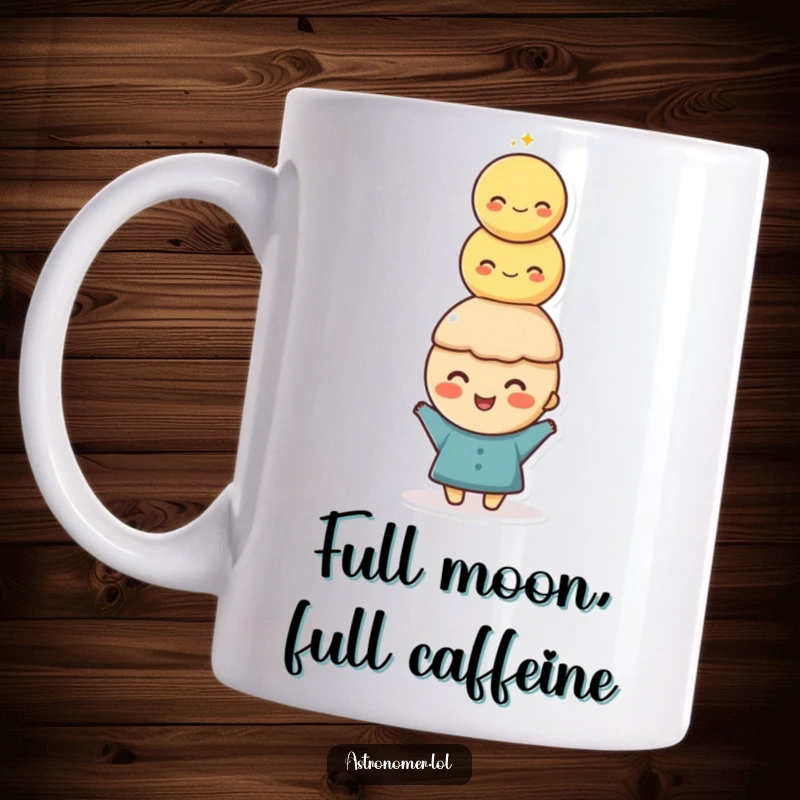 Funny Mug: A happy character perfectly balances a tall stack of moons precariously on their head with a cheerful grin.