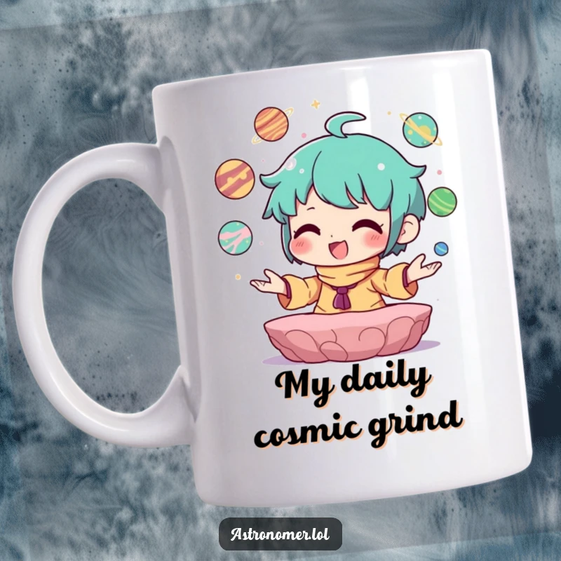 Funny Mug showing a character with pure joy juggling small planets in a cosmic, colorful display.