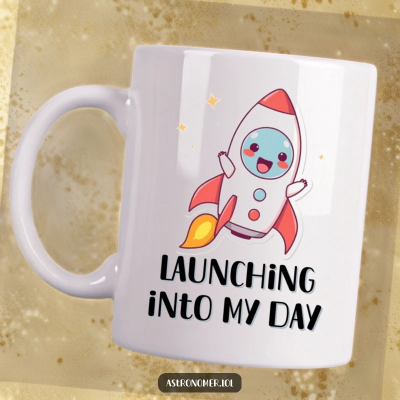 Funny mug showing a character with arms outstretched, pretending to be a rocket ship blasting off with pure, unadulterated joy.