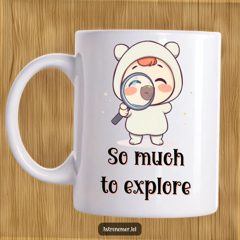 Funny mug featuring a delighted character holding a magnifying glass to a tiny, detailed planet, showcasing scientific curiosity and a love for discovery.
