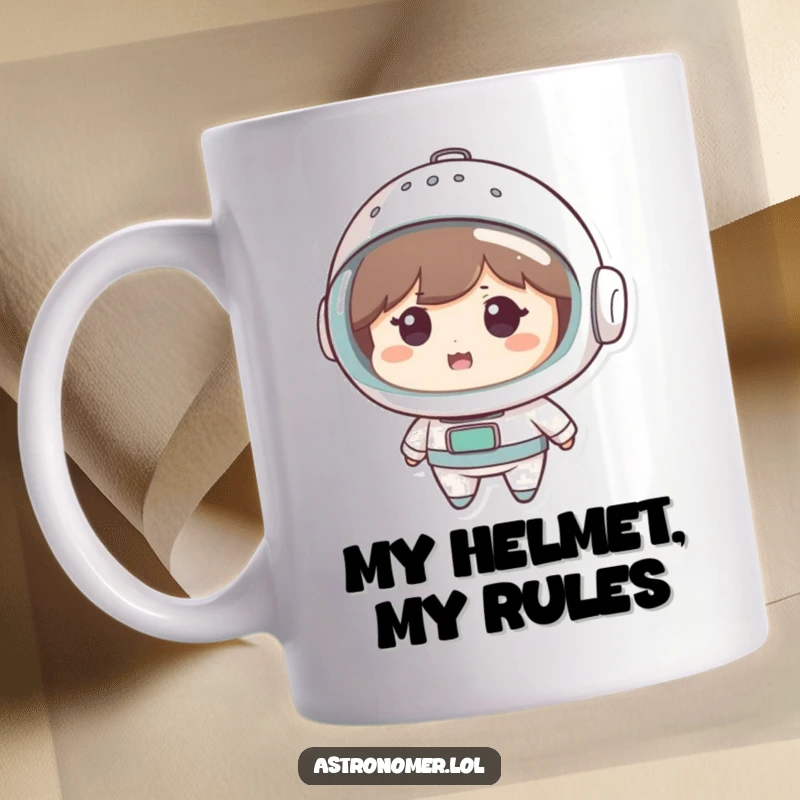 Funny Mug: Cute character wears a colander as a space helmet, looking amused, showcasing inventive and humorous space exploration.