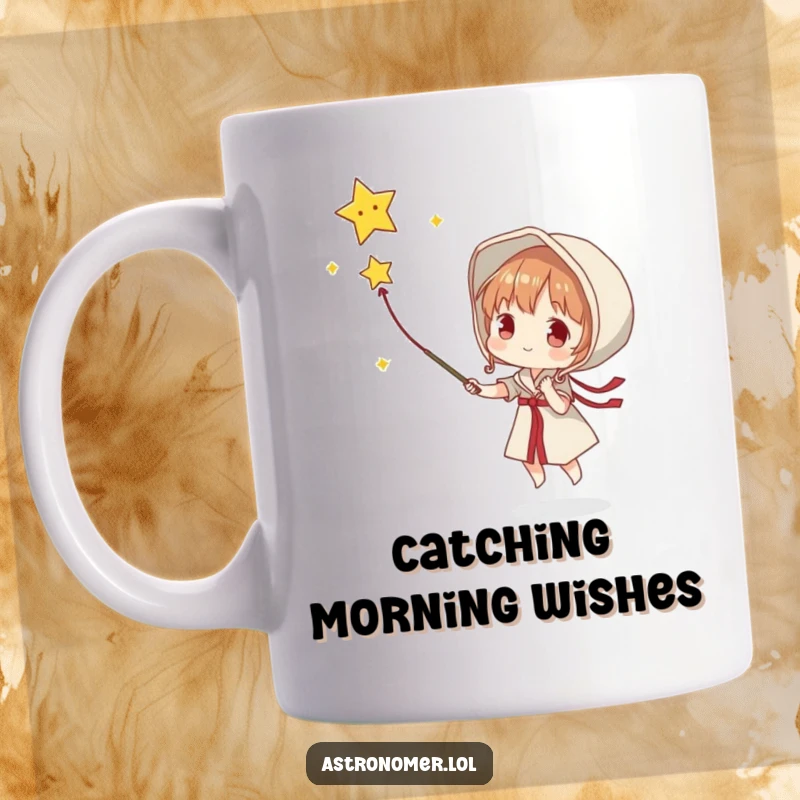 Funny mug showing a character earnestly attempting to catch a falling star with a net, full of hopeful determination.