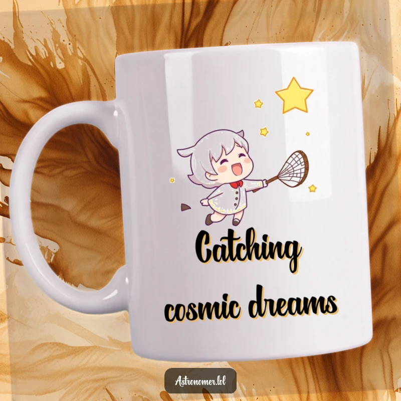 Funny mug showing a gleeful character joyfully chasing a shooting star with a net, embodying the spirit of wonder and adventure.