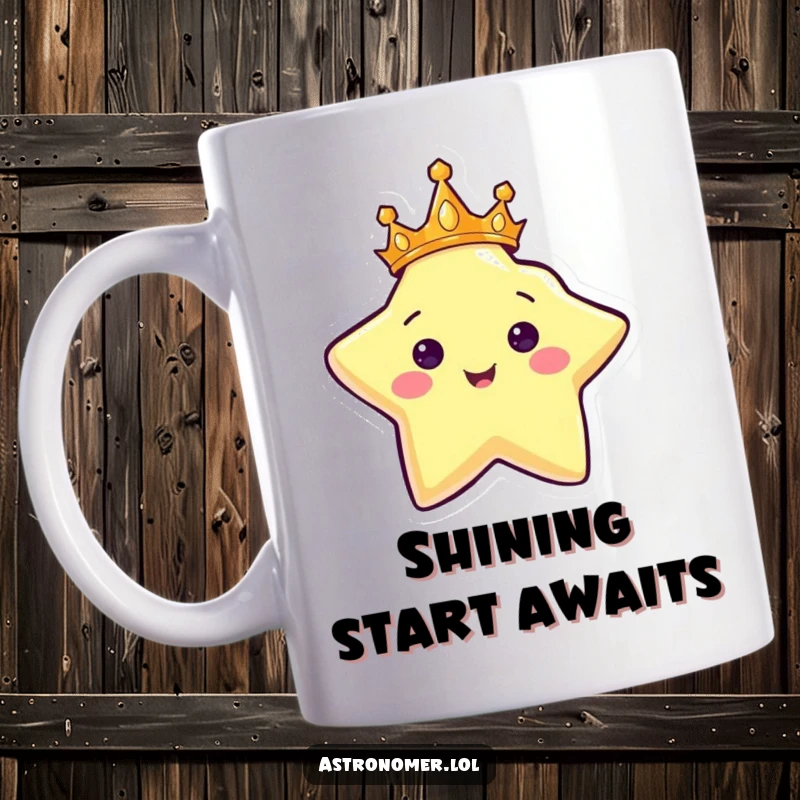 Funny mug featuring a happy star character wearing a golden crown, shining brightly in a starry sky.