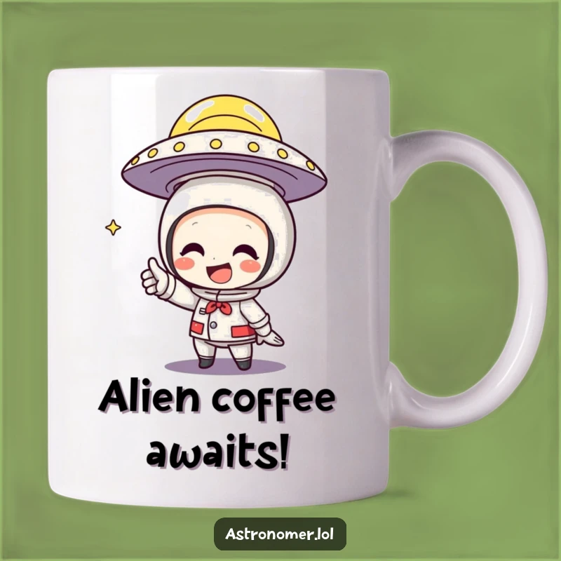 Funny UFO Mug: Character Points at Flying Saucer, Perfect Gift for Believers