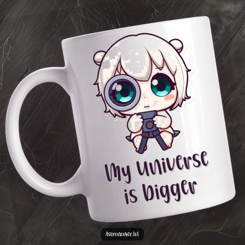Funny Mug: Cute character with huge, surprised eyes gazes through a telescope, exploring the cosmos with comedic wonder.