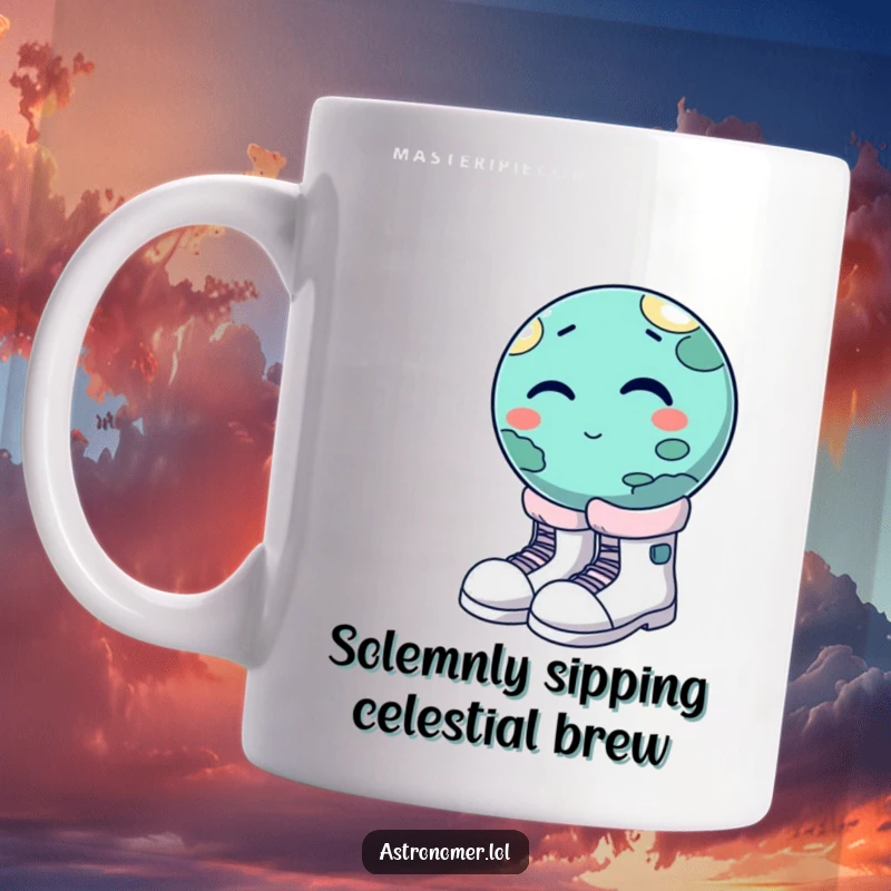 Funny winking planet trying to put on oversized moon boots, celestial humor, quirky space planet mug gift.