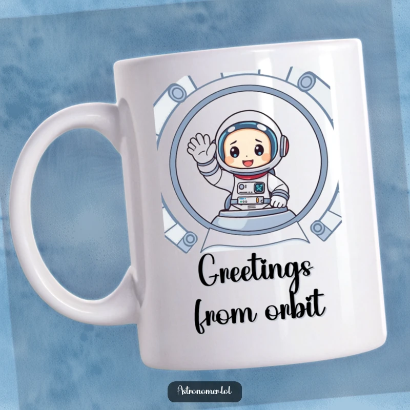 Funny mug showing a cartoon astronaut enthusiastically waving from inside a futuristic spaceship cockpit, radiating friendliness.