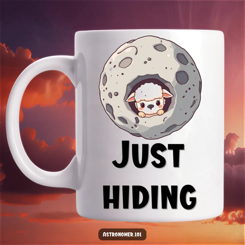 Funny mug of a sheepish creature peeking out from behind a large asteroid, conveying shyness and humor.
